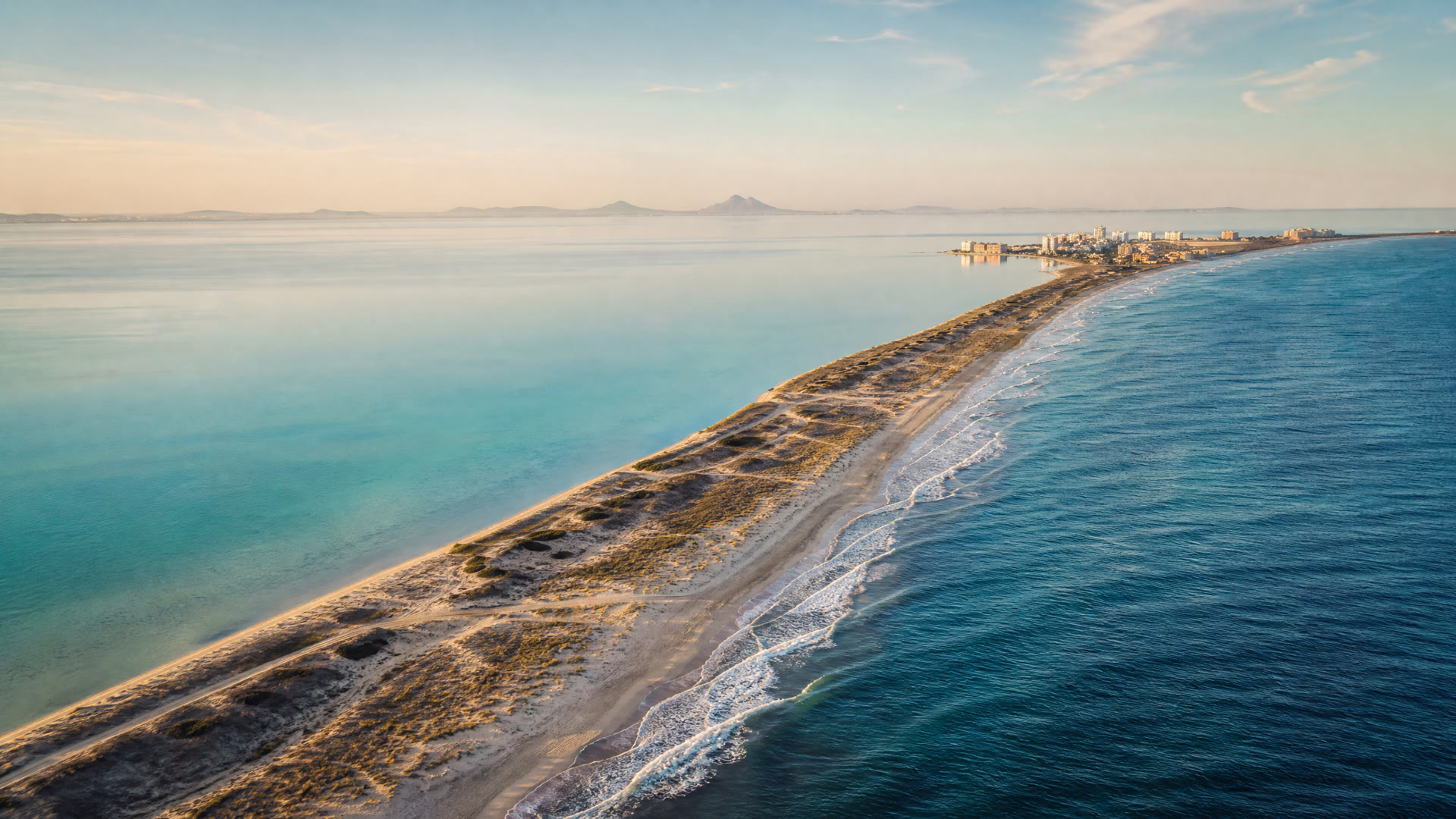 Vista aérea de La Manga entre el Mediterráneo y el Mar Menor